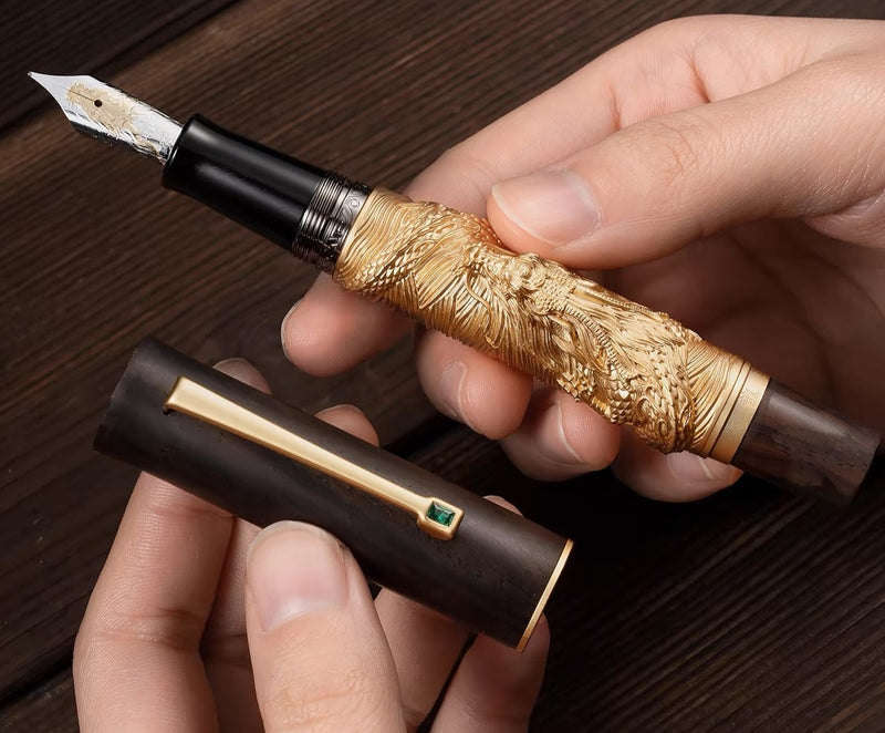 HONGDIAN N24 Gold Brown Fountain Pen with Open Cap Display and Cap Beside Pen on Hand
