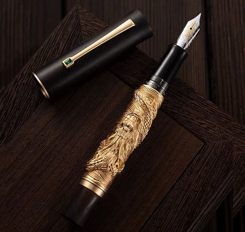 HONGDIAN N24 Gold Brown Fountain Pen with Open Cap and Cap Beside Pen with Wooden Background