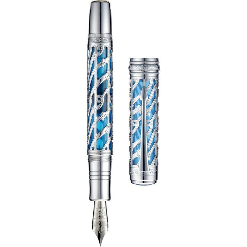HONGDIAN A6 Silver Blue Fountain Pen with Open Cap and Cap Beside Pen
