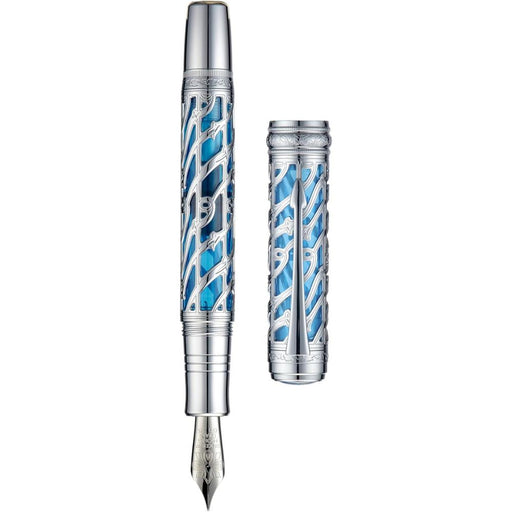 HONGDIAN A6 Silver Blue Fountain Pen with Open Cap and Cap Beside Pen
