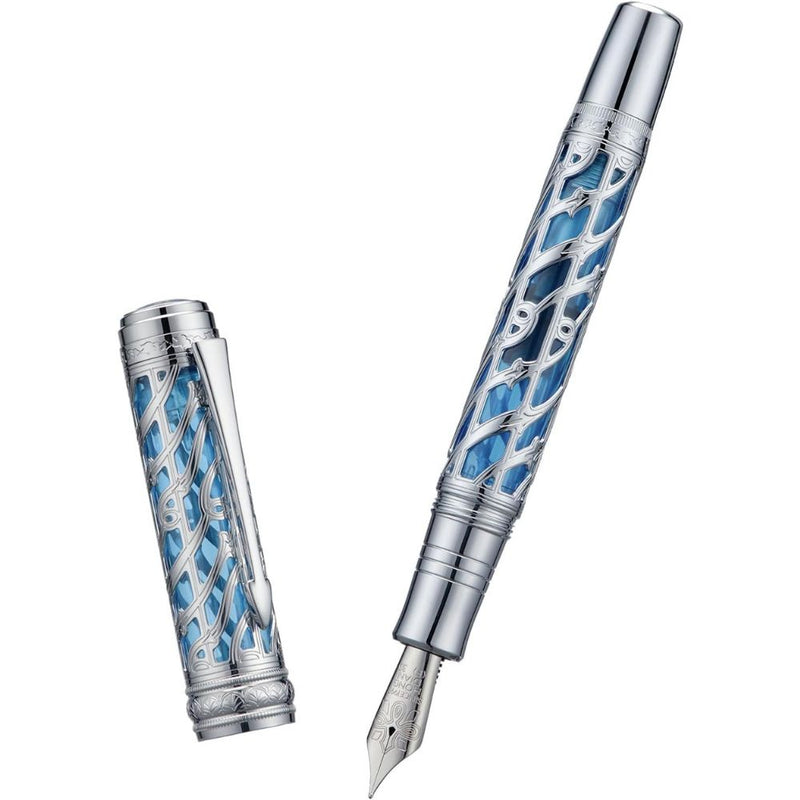 HONGDIAN A6 Silver Blue Fountain Pen with Open Cap Display and Cap Beside Pen
