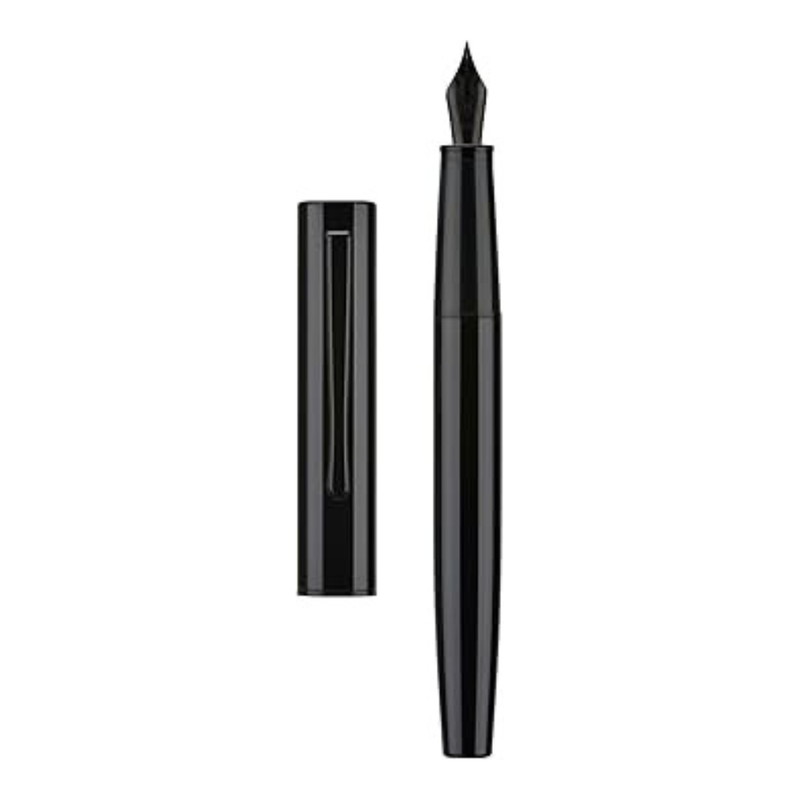 HONGDIAN C2 Black Fountain Pen with Open Cap and Cap Beside Pen
