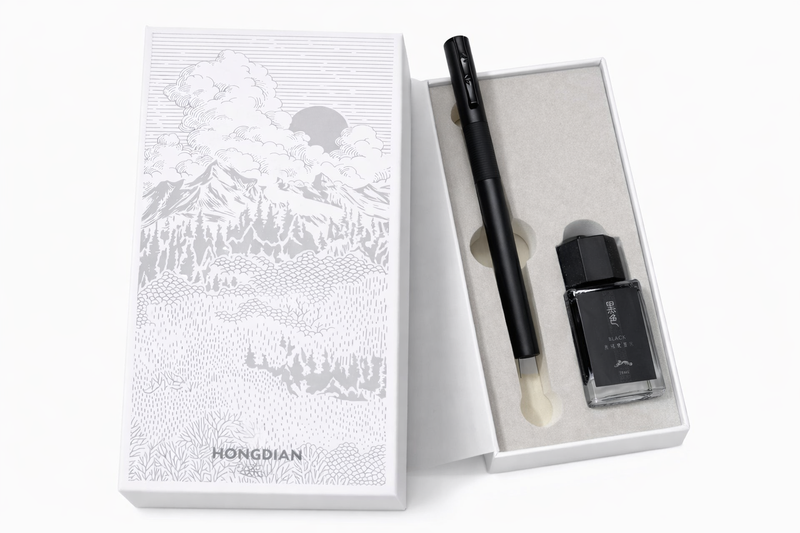HONGDIAN H3 Black Fountain Pen and Ink Bottle Displayed in Open Gift Box
