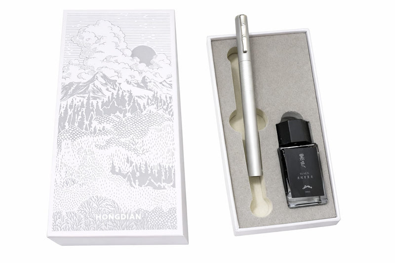 HONGDIAN H3 Silver Fountain Pen and Ink Bottle in Gift Box with Box Cover
