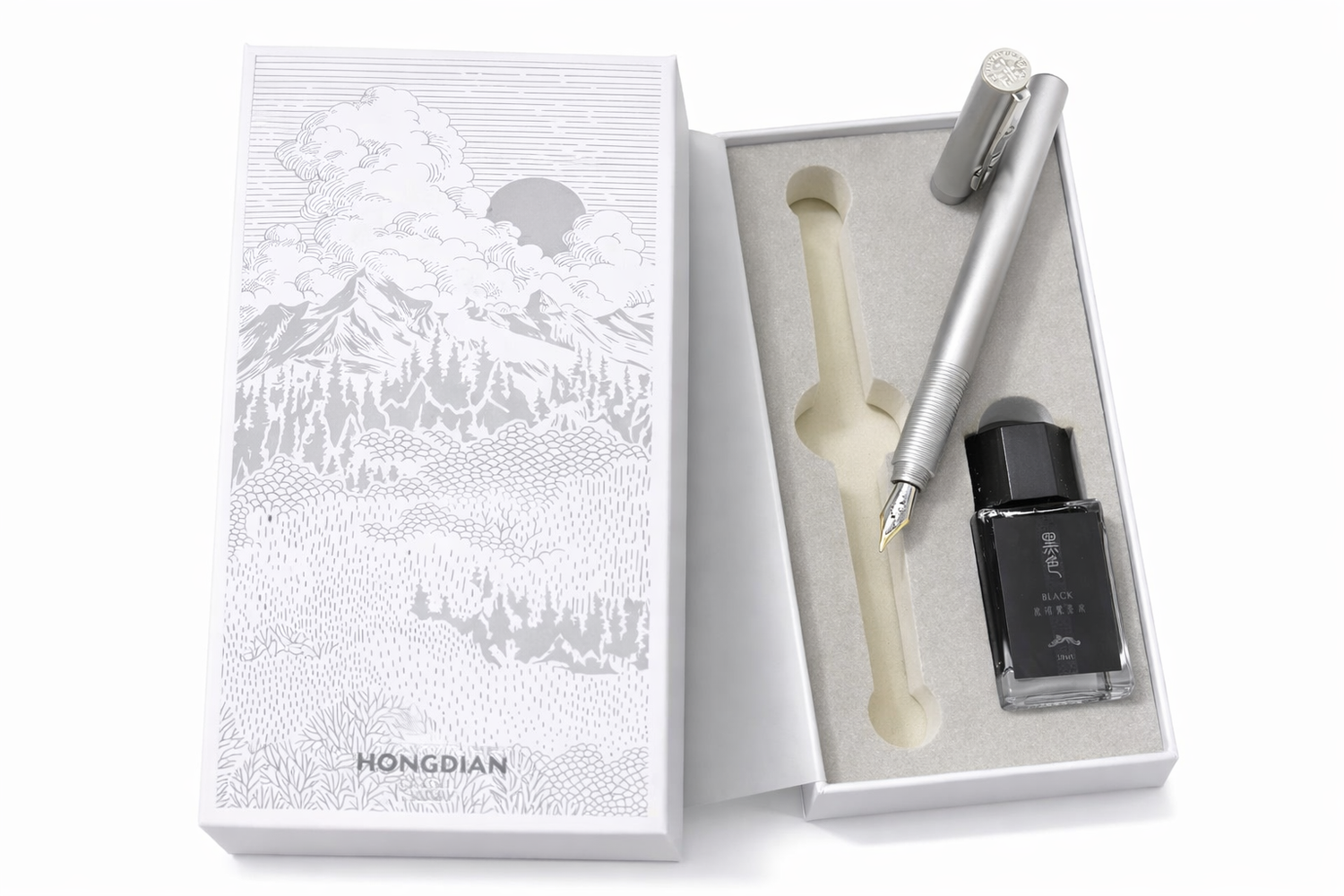 HONGDIAN H3 Silver Fountain Pen and Ink Bottle Presentation Gift Box