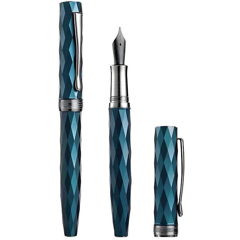 HONGDIAN N11 Blue Louvre Fountain Pen Closed Cap with Open Cap Display and Cap Beside Pen
