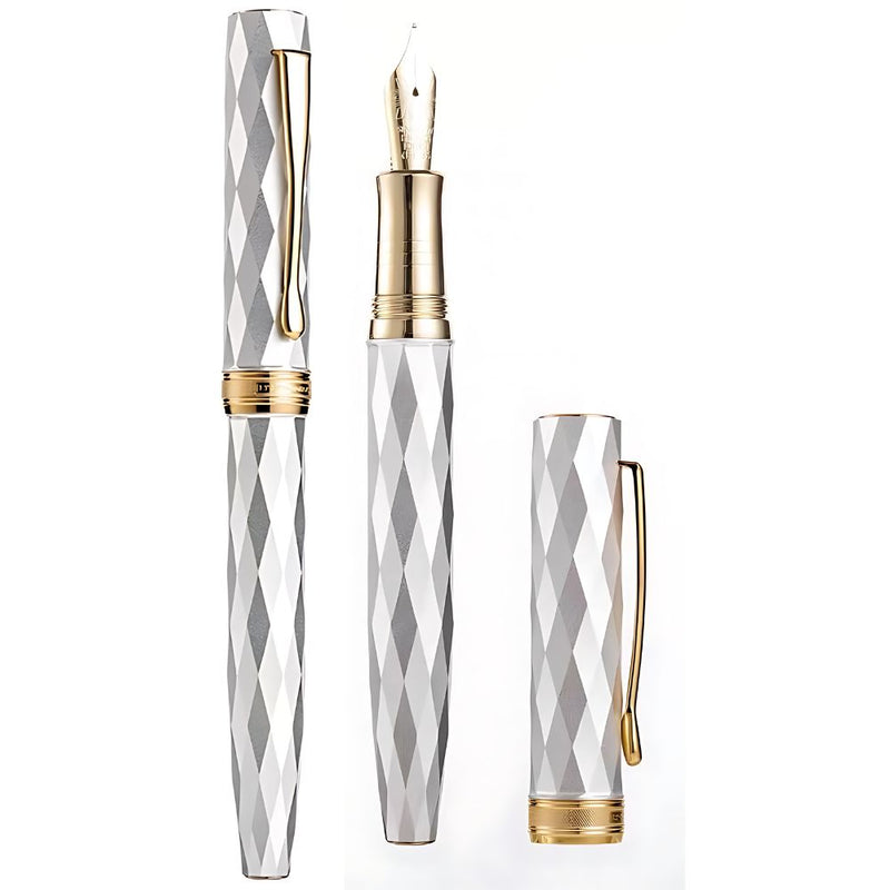 HONGDIAN N11 White Louvre Fountain Pen Closed Cap with Open Cap Display and Cap Beside Pen
