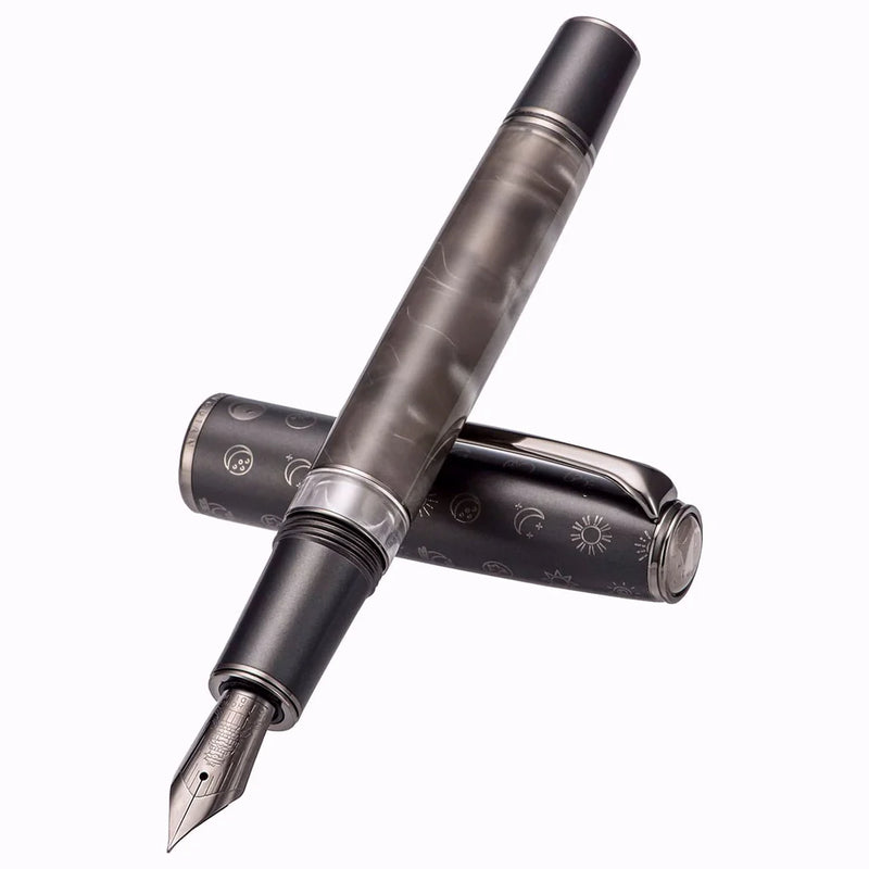 HONGDIAN N7 Piston Series Gray Fountain Pen with Open Cap Display and Cap Beside Pen
