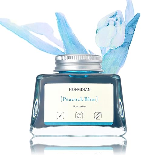 HONGDIAN Peacock Blue 60 ml Non Carbon Fountain Pen Ink Bottle with Peacock Blue Floral Background