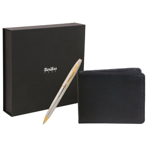 SCRIKSS, Ballpoint Pen + Natural Leather Wallet - NOBLE 35 GOLD CHROME GIFT SET 