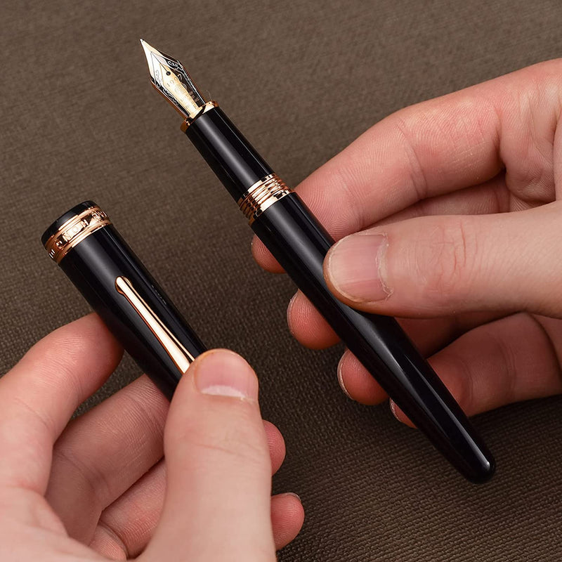 HONGDIAN 1841 Black Fountain Pen  Open Cap Display and Cap Beside Pen on Hand

