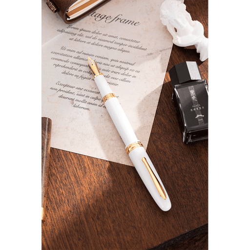 HONGDIAN 1841 White Fountain Pen with Posted Cap with Paper on Background