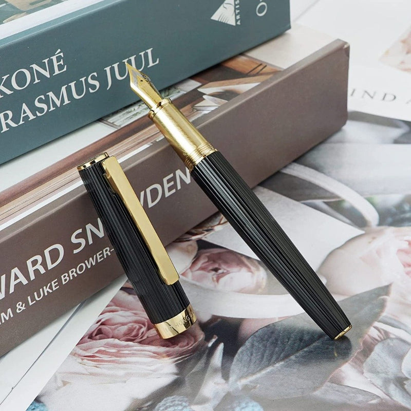 HONGDIAN 1845 Black Fountain Pen with Open Cap Display and Cap Beside Pen
