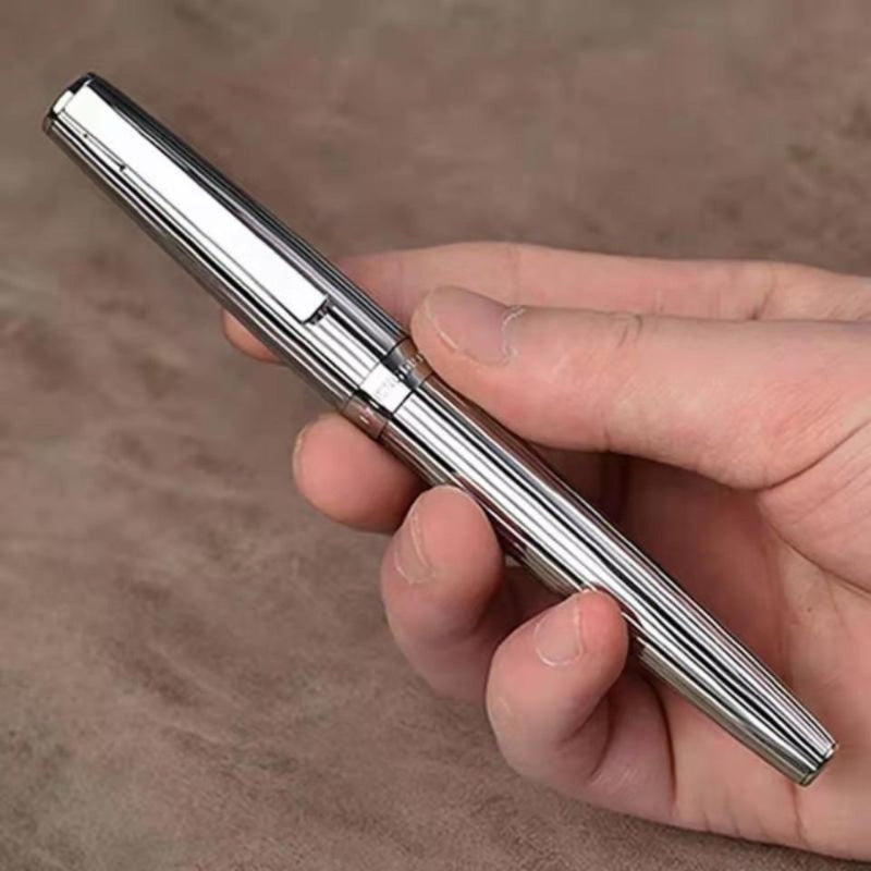 HONGDIAN 1845S Chromium Silver White Fountain Pen with Closed Cap Holding in Hand