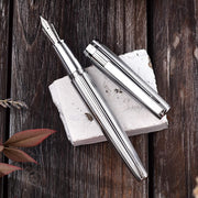 HONGDIAN 1845S Chromium Silver White Fountain Pen with Open Cap Display and Cap Beside Pen
