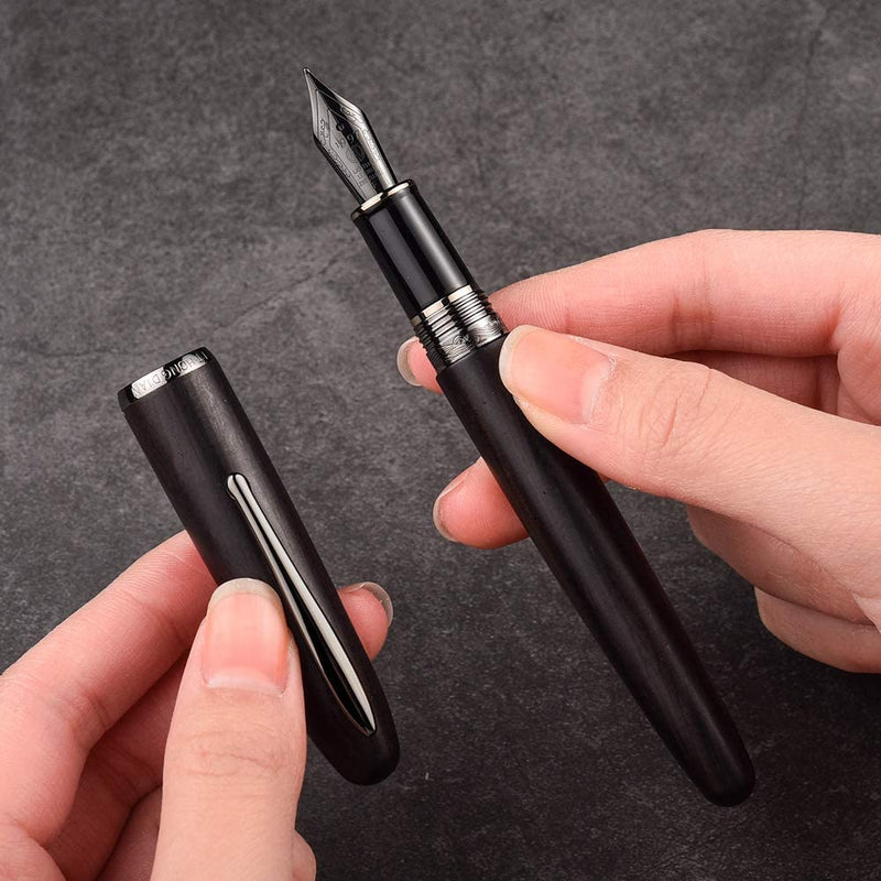 HONGDIAN 660  WOOD BLACK Fountain Pen with Open Cap Display and Cap Beside Pen Hold by Hand