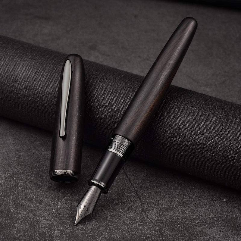HONGDIAN 660  WOOD BLACK Fountain Pen with Open Cap Display and Cap Beside Pen
