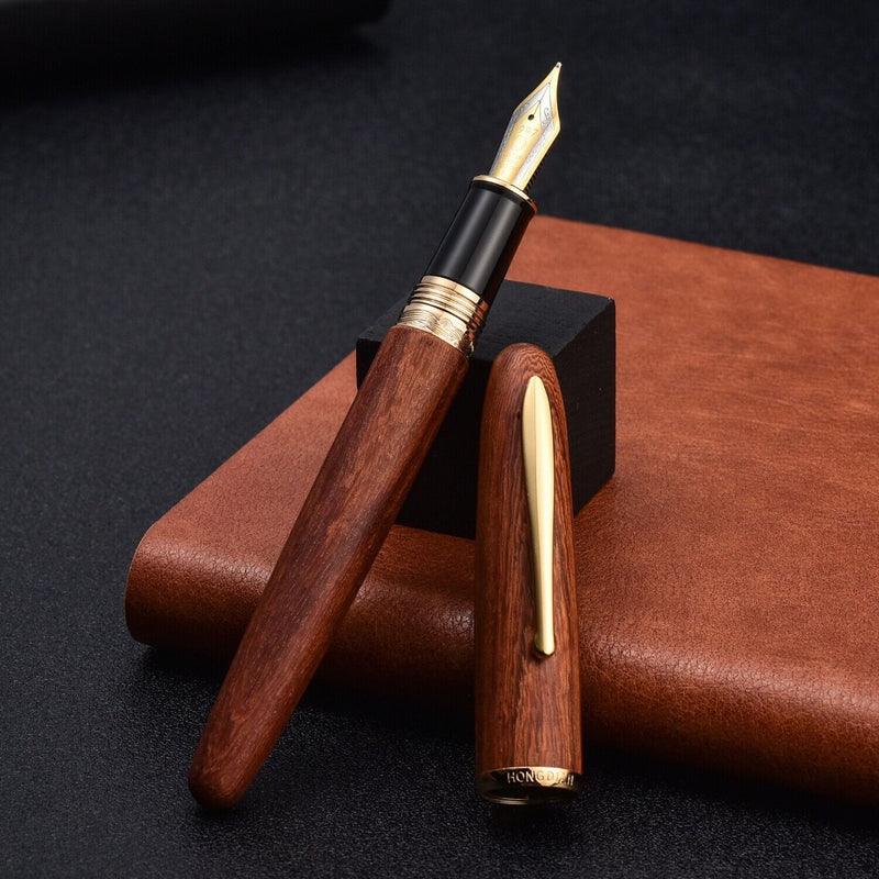 HONGDIAN 660  WOOD BROWN Fountain Pen with Open Cap Display and Cap Beside Pen
