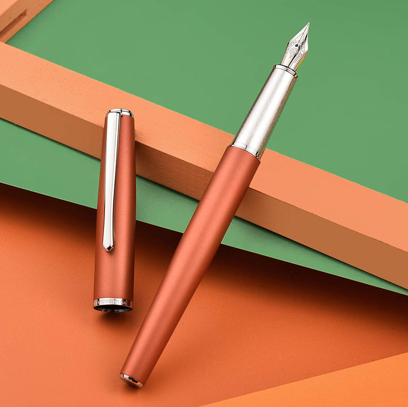 HONGDIAN 920 ORANGE Fountain Pen with Open Cap and Cap Beside Pen
