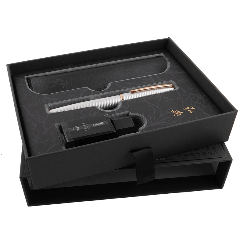 HONGDIAN A3 Meteor Series ROSE GOLD Fountain Pen Displayed in Open Gift Box with Diffrent Angle 