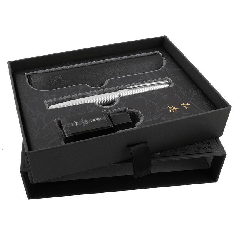 HONGDIAN A3 Meteor Series SILVER Fountain Pen Displayed in Open Gift Box with Diffrent Angle View 