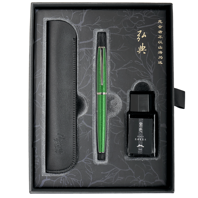 HONGDIAN A3 Taoyuan Wonderland Series GREEN Fountain Pen Displayed in Open Gift Box
