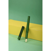 HONGDIAN H2 Green Fountain Pen Open Cap Display and Cap Beside Pen with Green Background and Pen Support with Paper Yellow Box 
