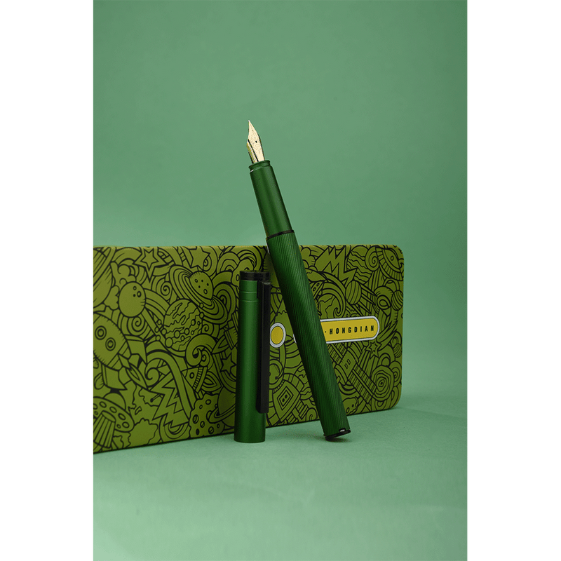 HONGDIAN H2 Green Fountain Pen Open Cap Display and Cap Beside Pen with Green Background and Pen Support with Design Green Part 
