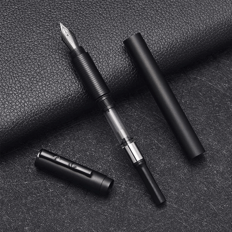 HONGDIAN H3 Black Fountain Pen Cap and Nib with Converter and Barrel Displayed 