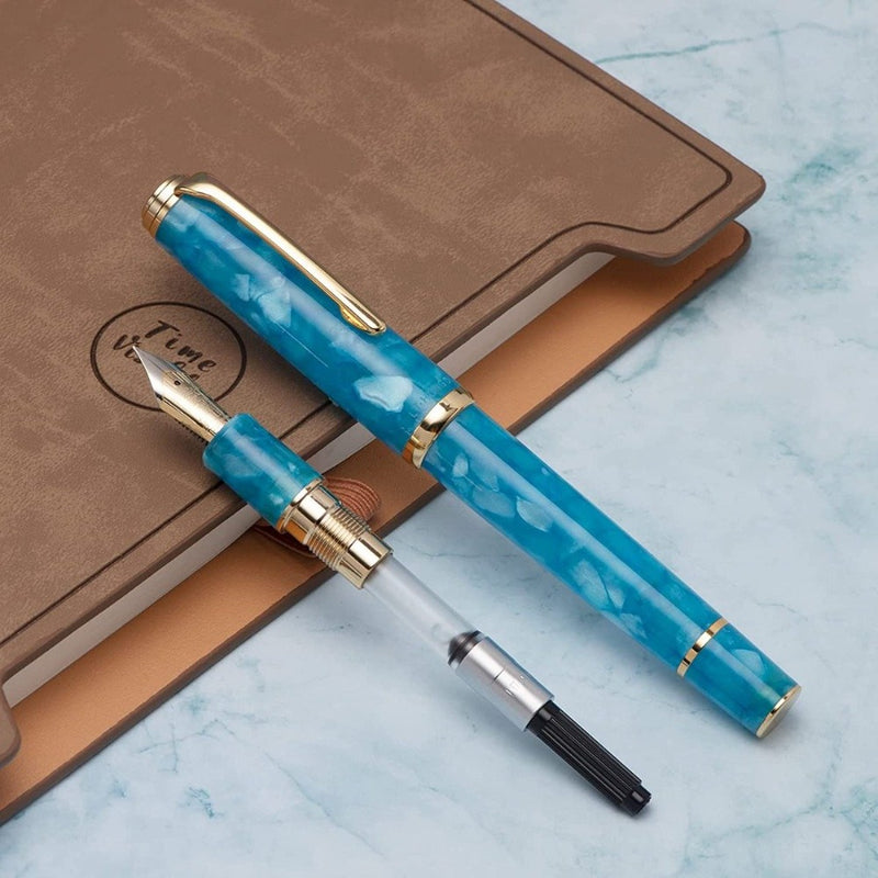 HONGDIAN N1 BLUE Fountain Pen with Closed Cap and Nib with Converter Displayed 
