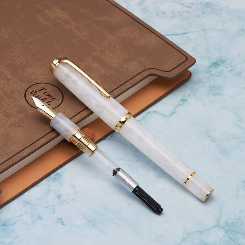 HONGDIAN N1 WHITE Fountain Pen with Closed Cap and Nib with Converter Displayed 
