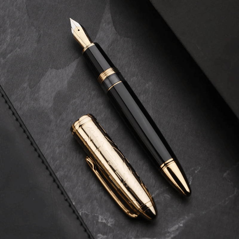 HONGDIAN N6 Piston Series Gold Fountain Pen with Open Cap and Cap Beside Pen
