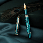 HONGDIAN N7 Piston Series Dark Green Fountain Pen with Open Cap Display and Cap Beside Pen
