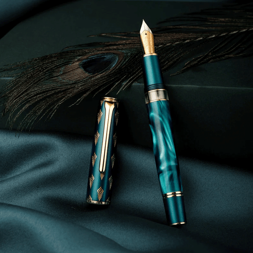 HONGDIAN N7 Piston Series Dark Green Fountain Pen with Open Cap Display and Cap Beside Pen
