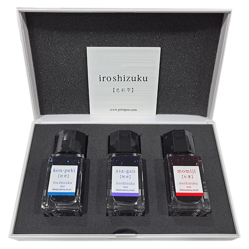 PILOT, Ink 3 Bottle - IROSHIZUKU D Deep Cerulean Blue KON-PEKI + Morning Glory ASA-GAO + Autumn Leaves MOMIJI (15mL).