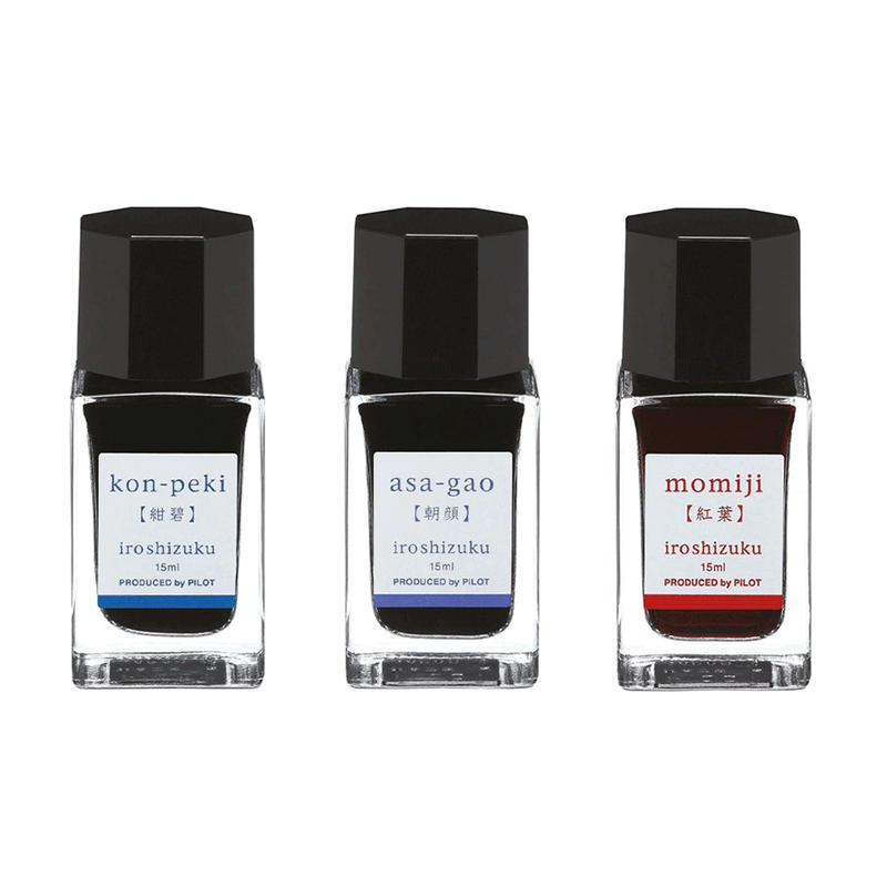 PILOT, Ink 3 Bottle - IROSHIZUKU D Deep Cerulean Blue KON-PEKI + Morning Glory ASA-GAO + Autumn Leaves MOMIJI (15mL).