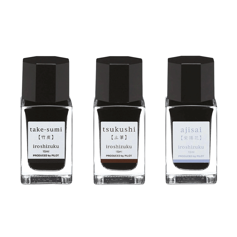 PILOT, Ink 3 Bottle - IROSHIZUKU C Bamboo Charcoal TAKE-SUMI + Horsetail TSUKUSHI + Hydrangea AJISAI (15mL).