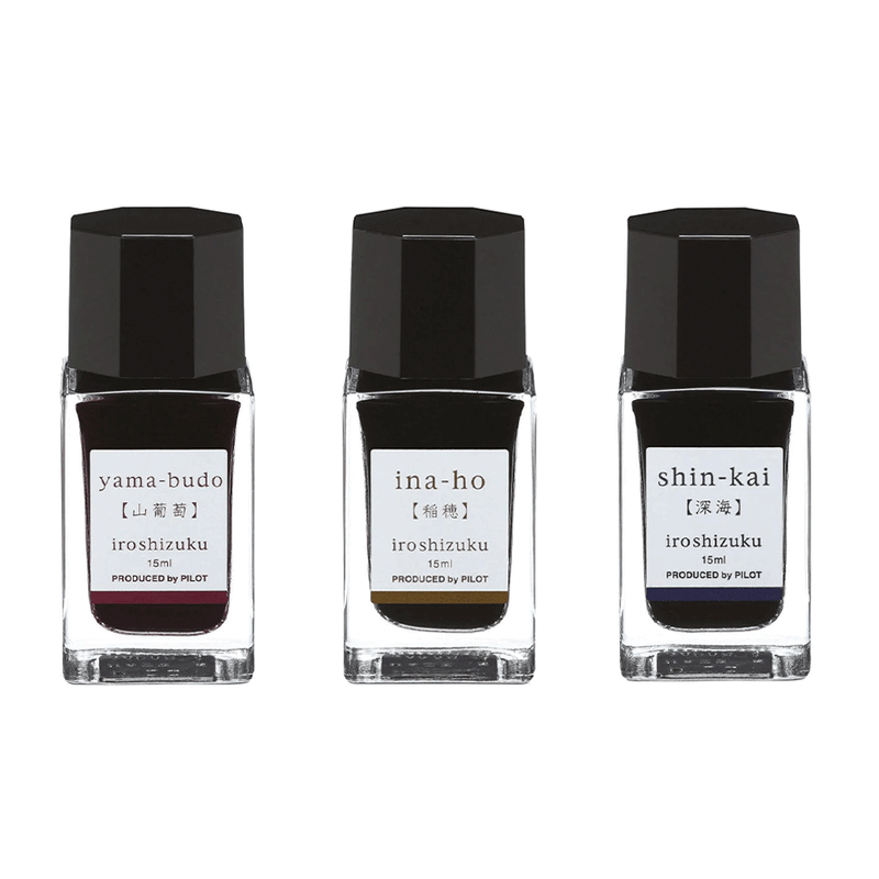 PILOT, Ink 3 Bottle - IROSHIZUKU H Crimson Glory Vine YAMA-BUDO + Rice Ear INA-HO + Deep Sea SHIN-KAI (15mL).